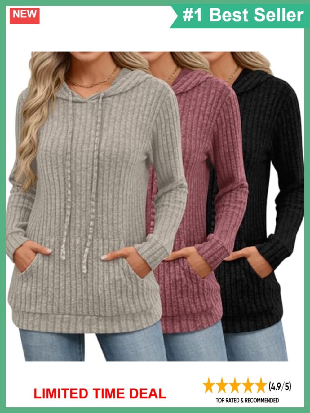 3 Pack Women Hoodie Sweaters Long Sleeve Ribbed Pullover
